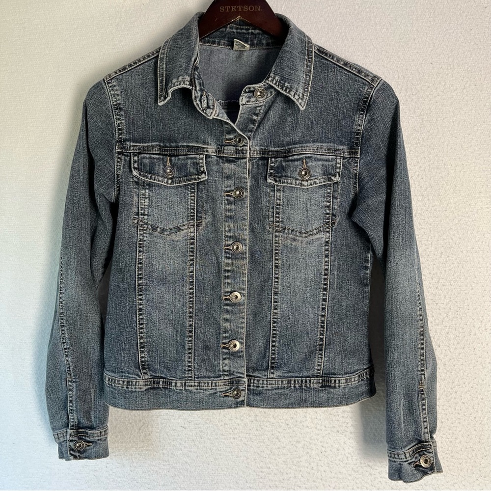 Prana Jean Jacket Blue Denim Trucker Style Coat Women S Small Distressed Retro